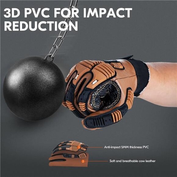 1Pair Leather Heavy Duty Work Gloves,Mechanics Gloves,Water Resistant - Picture 3 of 7